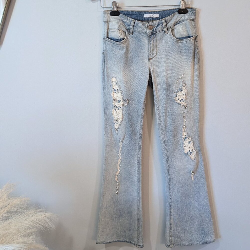 Liu Jo rhinestone embellished flare leg distressed jeans sz. 27